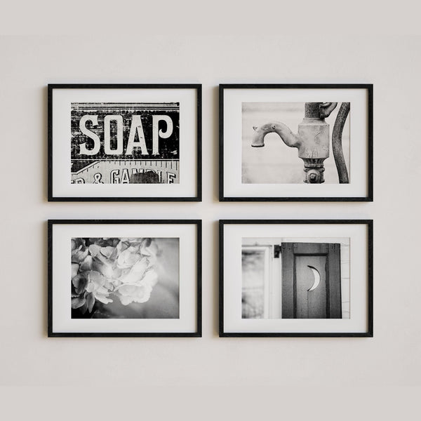 Farmhouse Bathroom Art Prints Set of 4 - Black and White - Modern Rustic Home Decor
