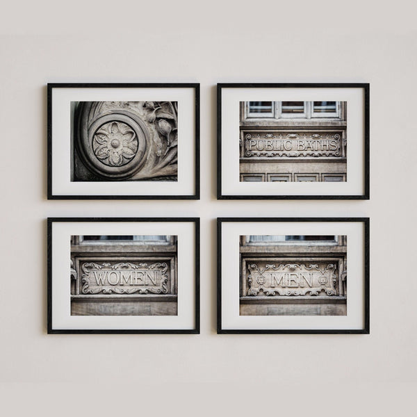Industrial Bathroom Art Prints - Grey Stone Set of 4 Public Baths
