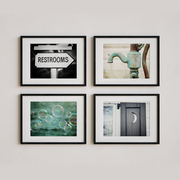 Rustic Black and Teal Bathroom Art Prints - Set of 4