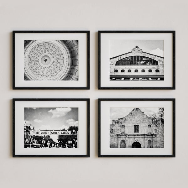 Texas Art Prints Set of 4 - Black and White Alamo, Texas Star, Fort Worth Stockyards
