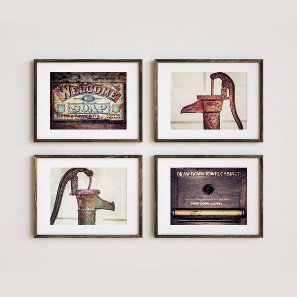 Red Signs and Pumps for Bathroom Wall Art Prints - Set of 4