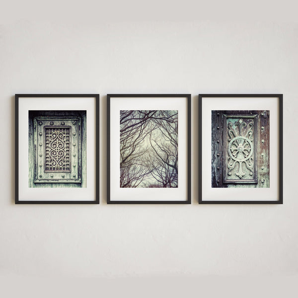 Modern Art Prints - Aqua and  Grey Set with Delicate Flourishes