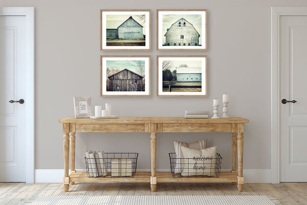Pastel Aqua and Grey Barn Art Prints - Set of 4 - Farmhouse Home Decor