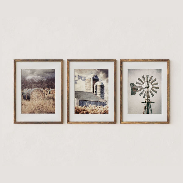 Autumn Barn, Hay and Windmill Landscapes | Art Prints Set of 3