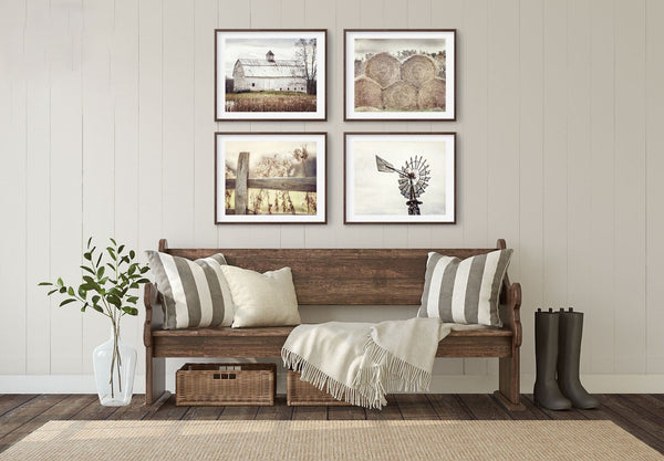 Farmhouse Art Prints Set - Rustic Neutral Beige Barn Landscape, Windmill, Hay and Fence