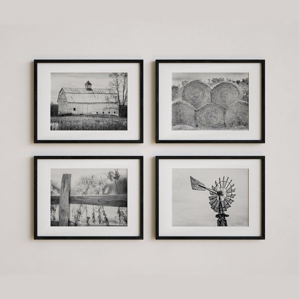 Farmhouse Art Prints Set - Rustic Black and White Barn Landscape, Windmill, Hay and Fence