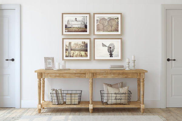 Farmhouse Art Prints Set - Rustic Neutral Beige Barn Landscape, Windmill, Hay and Fence
