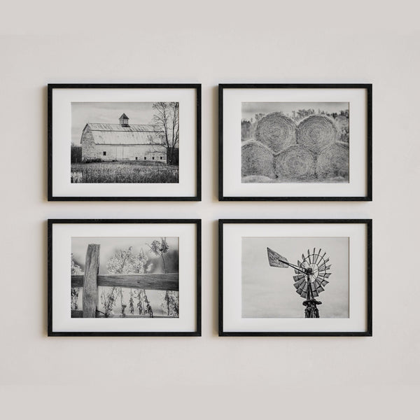 Farmhouse Art Prints Set - Rustic Neutral Beige Barn Landscape, Windmill, Hay and Fence