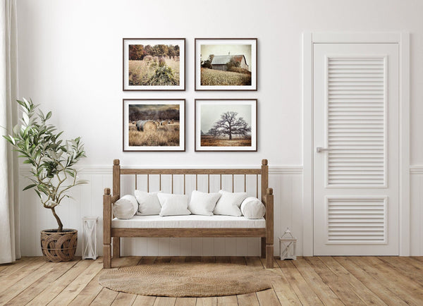 Country Landscapes Art Prints Set - Farmhouse Gold  Beige Decor Set of 4