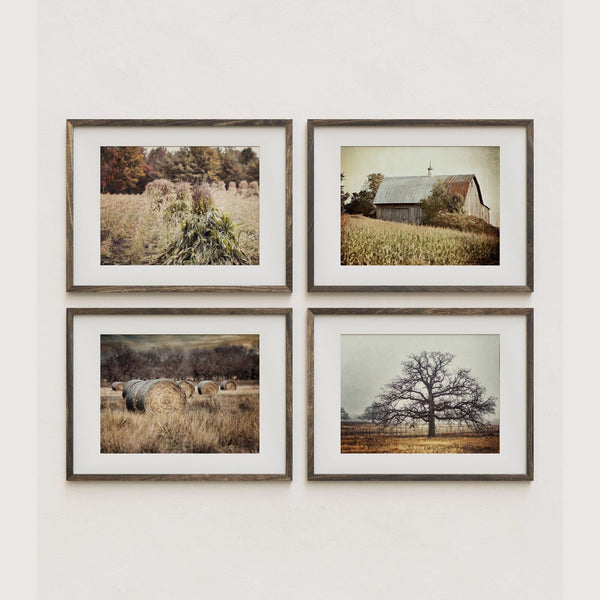 Country Landscapes Art Prints Set - Farmhouse Gold  Beige Decor Set of 4