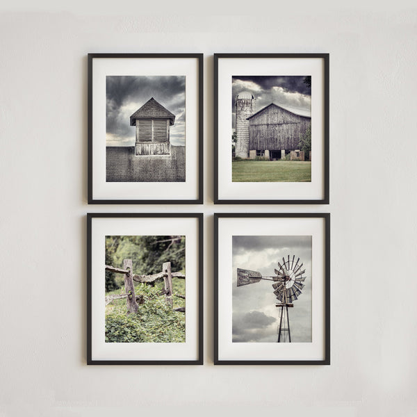 Lisa Russo Fine Art Farmhouse Decor Grey Barn, Windmill, Fence and Cupola | Art Prints Set of 4