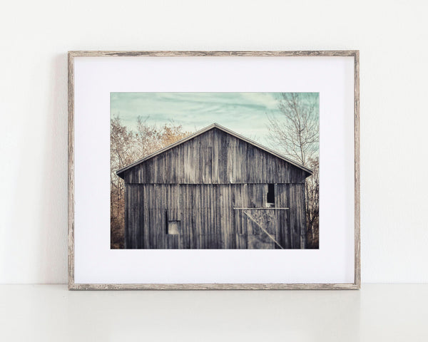 Grey and Aqua Barn Landscape Print - Rustic Home Decor