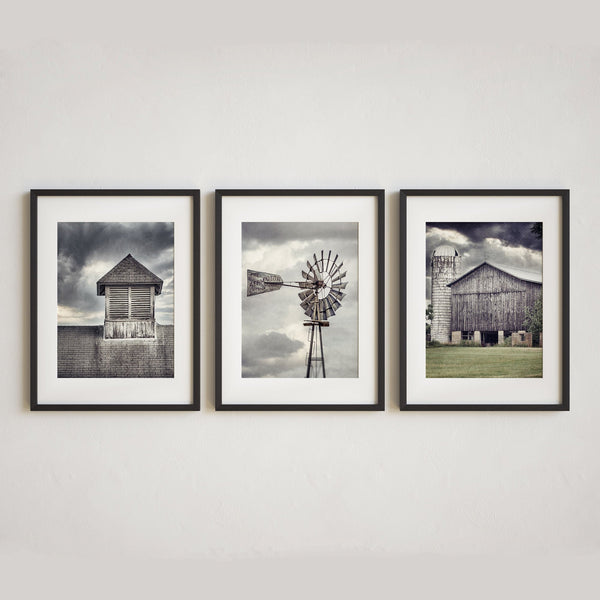 Rustic Grey and Green Art Prints - Set of 3 Barns and Windmill