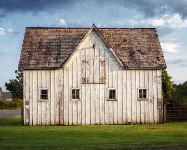 Barn Landscape Print - White and Blue Farmhouse Wall Decor