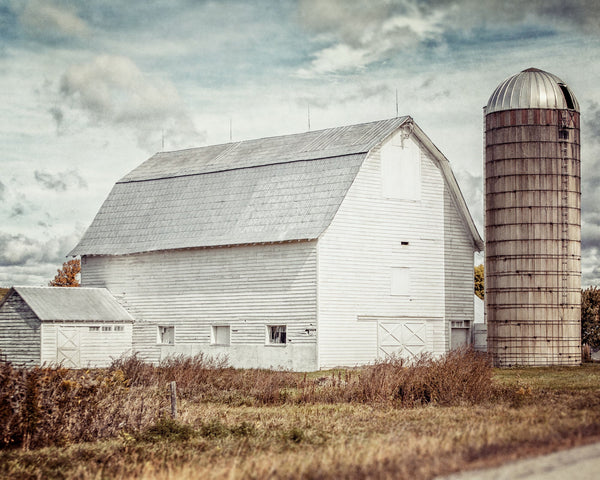 Country White Barn with Silo - Fall Landscape Print