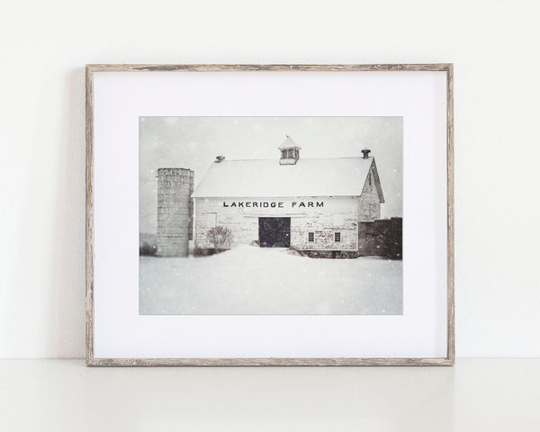 Peaceful Winter White Barn Print - Snowy Landscape Art