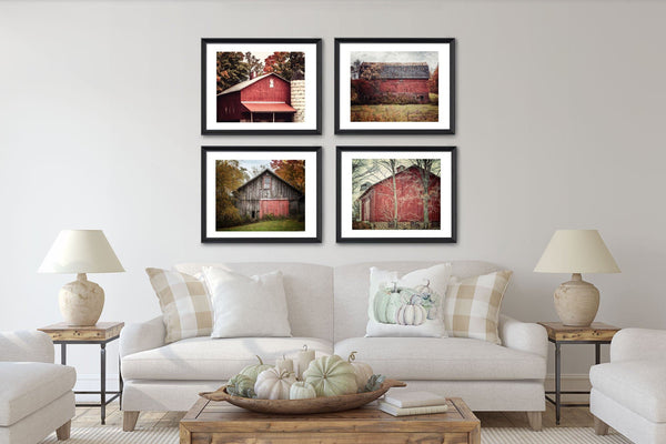 Set of 4 Red and Grey Primitive Barn Art Prints for Rustic Home Decor