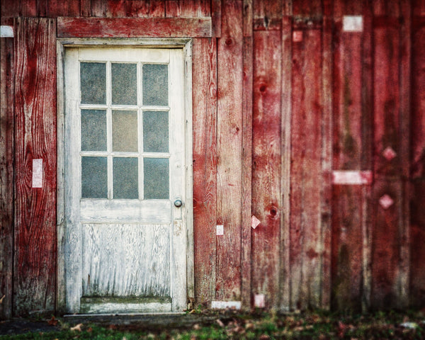 Red Barn with White Door Art Print - Farmhouse Decor