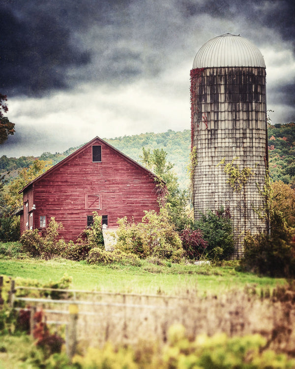 Fall Landscape Print Red Barn with Silo - Rustic Home Decor