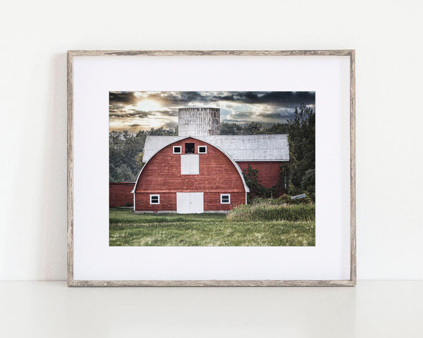 Red Sunset Barn Landscape Print - Rustic Art for Home Decor