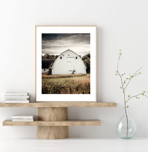 Farmhouse Landscape Art Print - White Barn on Cloudy Day