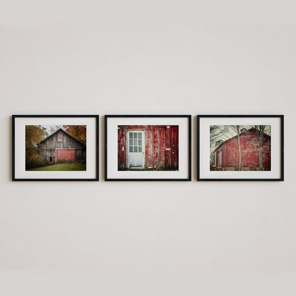 Farmhouse Art Prints - Set of 3 Red Barn Landscapes for Home Decor