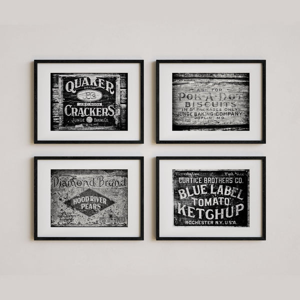 Rustic Farmhouse Kitchen Art Prints Set of 4 - Black and White