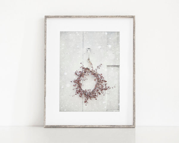 Winter Wreath Print - Holiday Wall Decor in White and Red