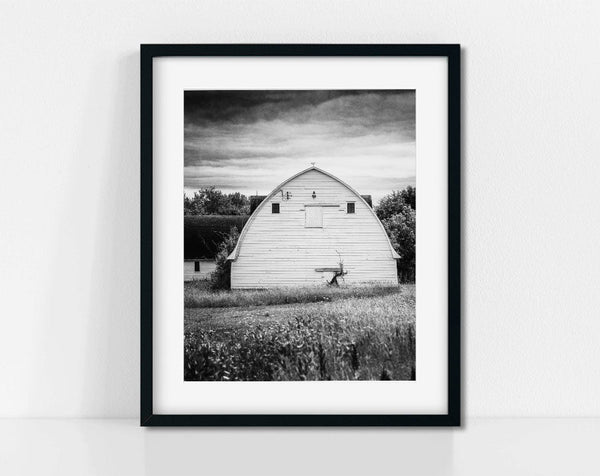 Farmhouse Landscape Art Print - White Barn on Cloudy Day