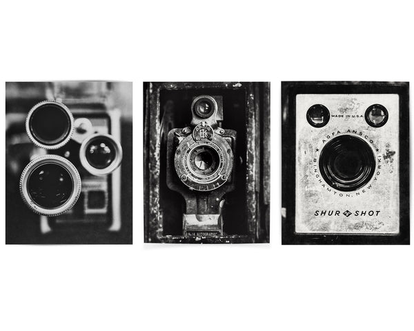 Industrial Vintage Wall Decor - Set of 3 Black and White Antique Camera Prints