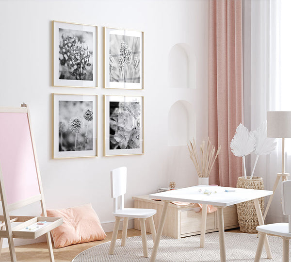 French Country Florals Art Prints Set of 4 in Black and White