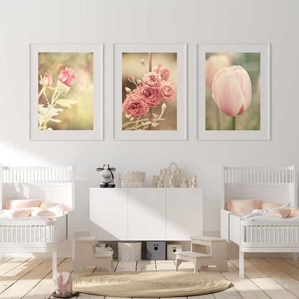 Pink Shabby Chic Floral Art Prints Set of 3 - Flowers for Home Decor