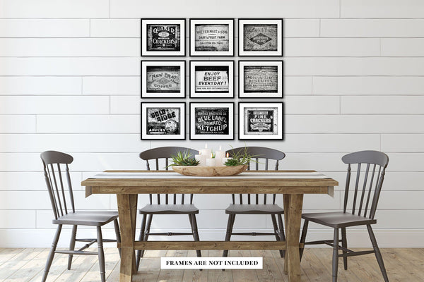 Rustic Farmhouse Kitchen Art Prints Set of 9 - Black and White