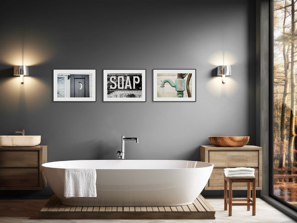 Lisa Russo Fine Art Bathroom & Laundry Room Aqua and Black Soap, Moon & Pump | Art Prints Set of 3