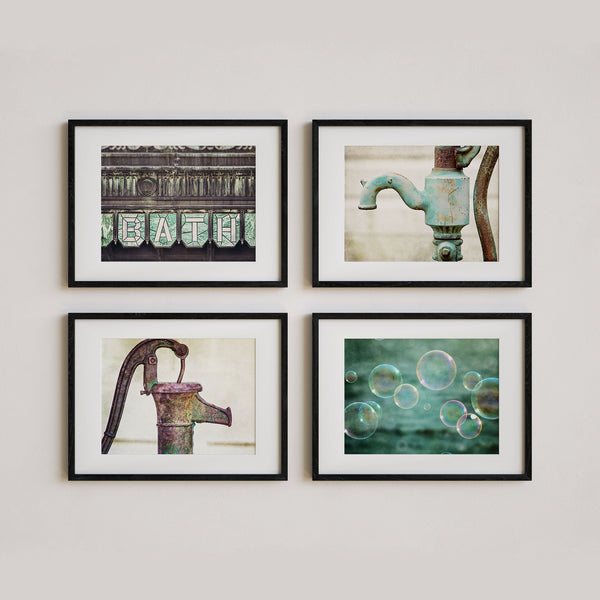 Lisa Russo Fine Art Bathroom & Laundry Room Aqua & Teal Bubbles, Sign and Water Pumps