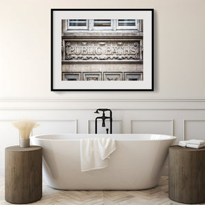Lisa Russo Fine Art Bathroom & Laundry Room Bathroom Wall Art - London Public Baths Sign Photo Print - Elegant, Rustic