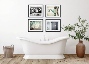 Lisa Russo Fine Art Bathroom & Laundry Room Farmhouse Bathroom Art Print Set - Black Blue Aqua - Rustic Decor