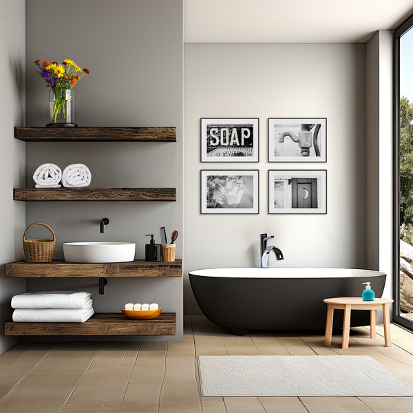 Lisa Russo Fine Art Bathroom & Laundry Room Farmhouse Bathroom | Black and White | Art Prints Set of 4