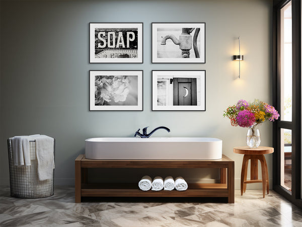 Lisa Russo Fine Art Bathroom & Laundry Room Farmhouse Bathroom | Black and White | Art Prints Set of 4