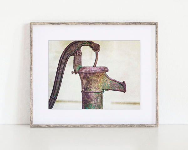 Vintage Style Water Pump Print - Plum and Green for Bathroom or Laundry Room