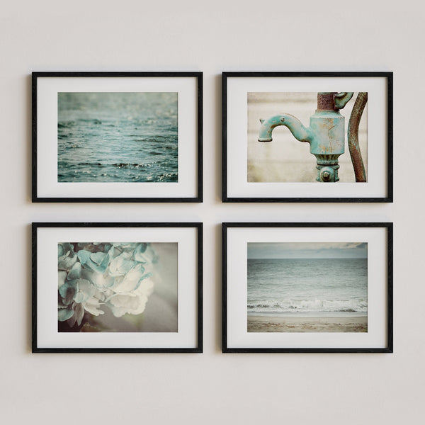 Bathroom Decor Pastel Blue Beach, Floral and Rustic Art Prints  - Set of 4