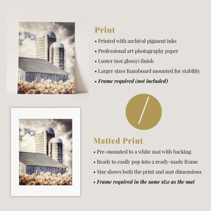 The image is a collage of two photographs, one of a barn and the other of a field, both featuring a grainy texture and a vintage aesthetic. The collage is pre-mounted to a white mat with backing, ready to easily pop into a ready-made frame, and size shows both the print and mat dimensions. The frame required in the same size as the mat is not included.