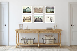 Farmhouse Art Print Set - Aqua Blue and Beige Barn Hay and Windmill -  6 Piece Set