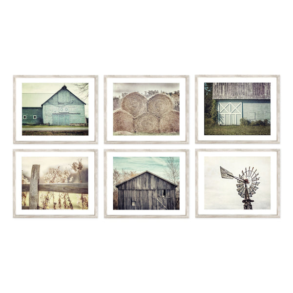 Farmhouse Art Print Set - Aqua Blue and Beige Barn Hay and Windmill -  6 Piece Set