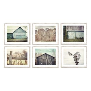 Farmhouse Art Print Set - Aqua Blue and Beige Barn Hay and Windmill -  6 Piece Set