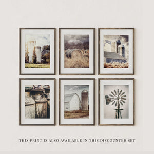 The image is a set of four framed pictures, each depicting different scenes related to agriculture and farming. The first picture shows a field of hay bales, the second picture features a windmill, the third picture shows a barn, and the fourth picture depicts a field of crops.