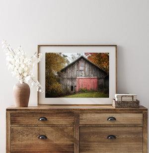 Lisa Russo Fine Art Farmhouse Decor Autumn Farmhouse Wall Art Print - Grey Barn in Fall Landscape