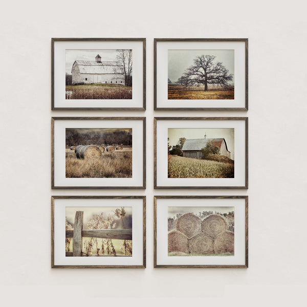 Lisa Russo Fine Art Farmhouse Decor Beige and Gold Barns, Hayfield, Fence and Oak Tree