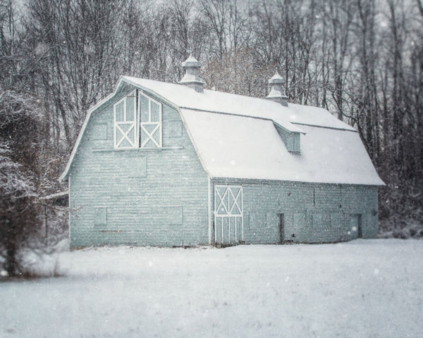 Blue Barn in Winter Snow
