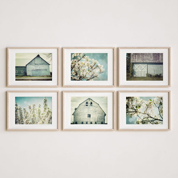 Blue Shabby Chic Barns and Florals Art Prints - Set of 6